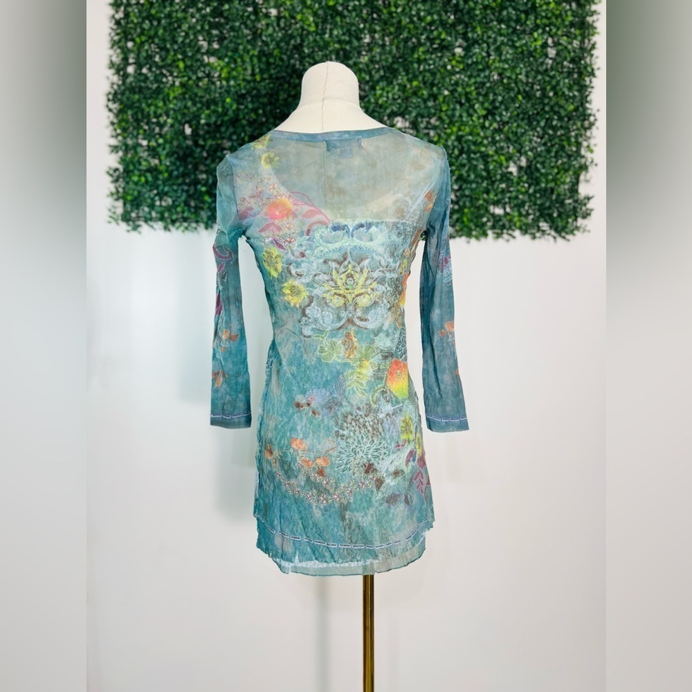 Dressbarn Y2K Lace Tunic Top Small Green Floral Sheer Sleeves Fairy Grunge - Picture 2 of 11